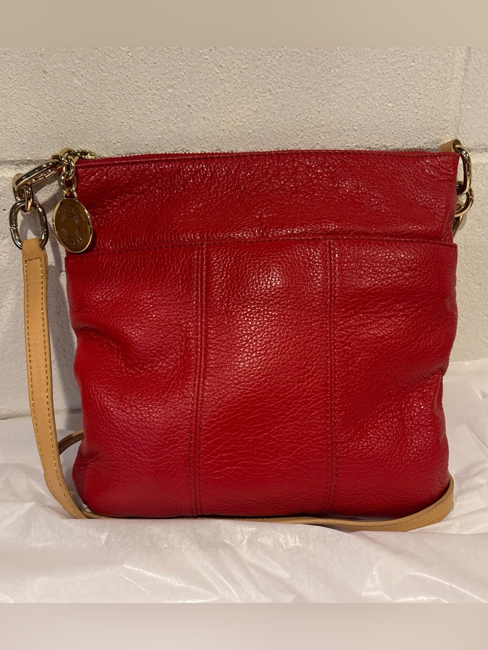 Tommy Hilfiger red pebbles leather crossbody bag with gold charm Logo